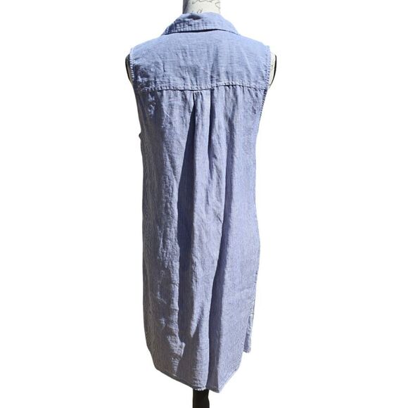 Tahari Striped Sleeveless Shirt Dress 100% Linen Pockets Blue White Medium - Picture 6 of 9